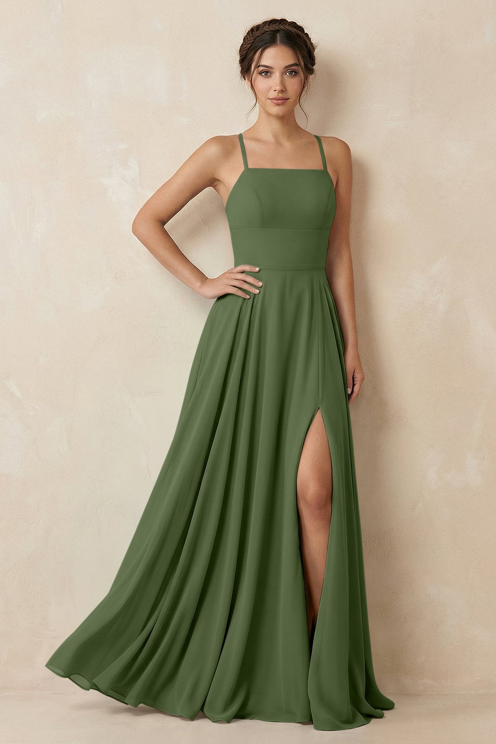 A-Line Chiffon Bridesmaid Dress With Slit in Moss
