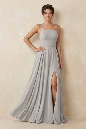 A - Line Chiffon Bridesmaid Dress With Slit in Silver - KISS BRIDAL Bridesmaid Dresses