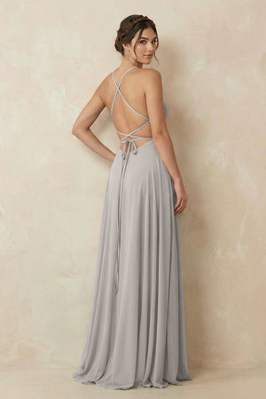 A - Line Chiffon Bridesmaid Dress With Slit in Silver - KISS BRIDAL Bridesmaid Dresses