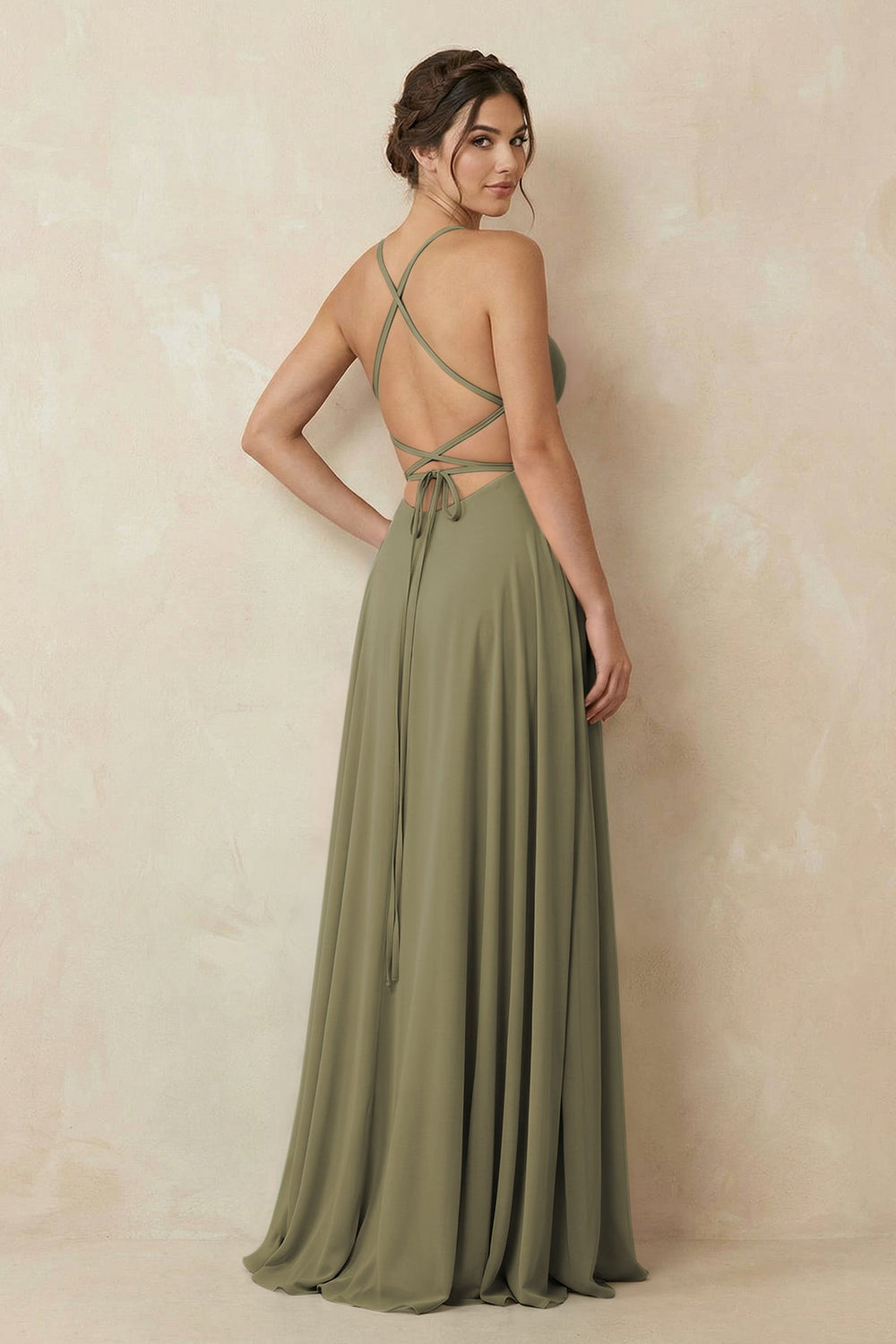 A-Line Chiffon Bridesmaid Dress With Slit in Thyme
