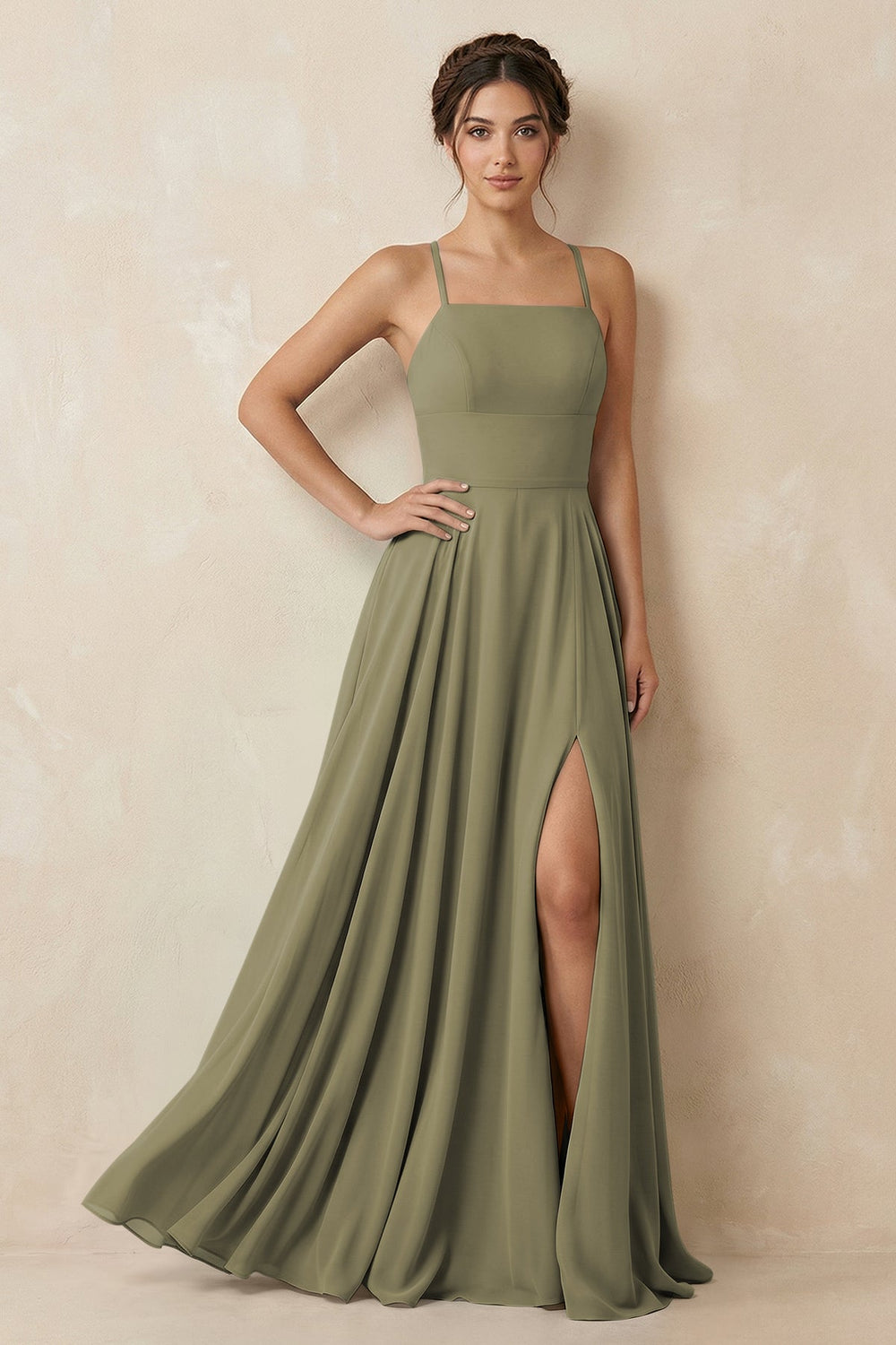 A-Line Chiffon Bridesmaid Dress With Slit in Thyme