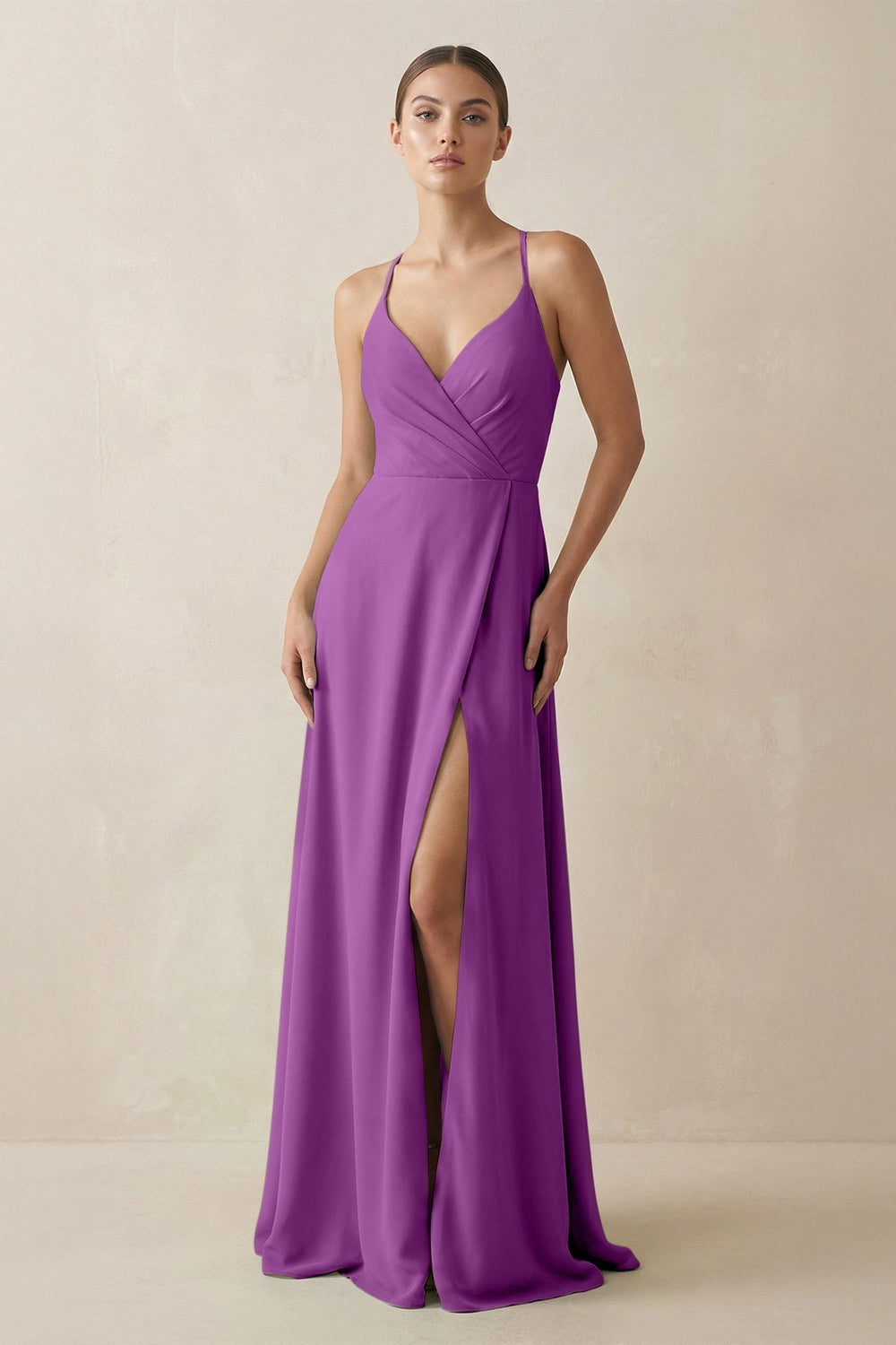 A-Line Chiffon Long Bridesmaid Dress With Slit in Amethyst