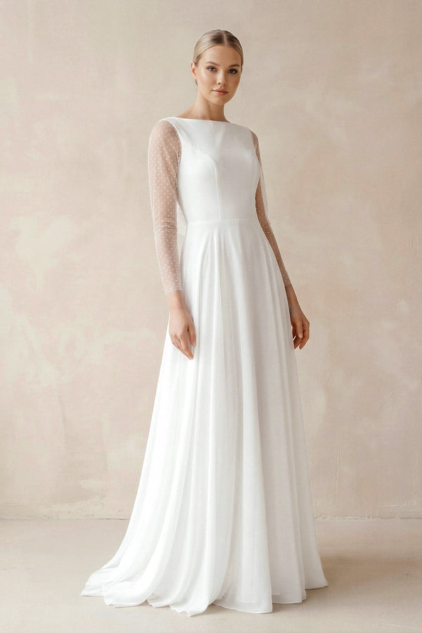 A - Line Chiffon Maxi Wedding Dress Pearl in White - KISS BRIDAL Wedding Dresses