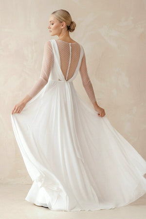 A - Line Chiffon Maxi Wedding Dress Pearl in White - KISS BRIDAL Wedding Dresses