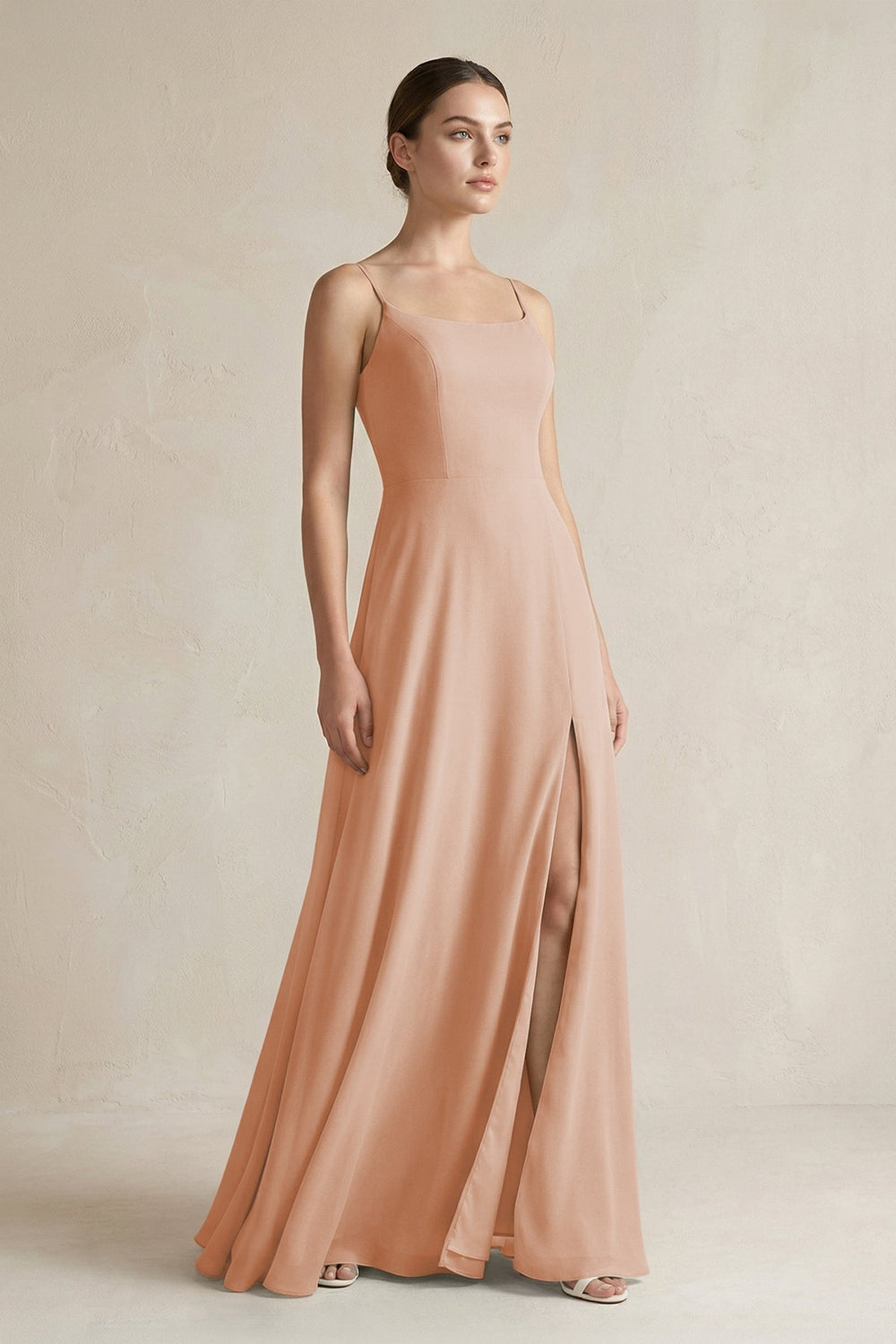 A-Line Chiffon Spaghetti Strap Bridesmaid Dress in Champagne Rose