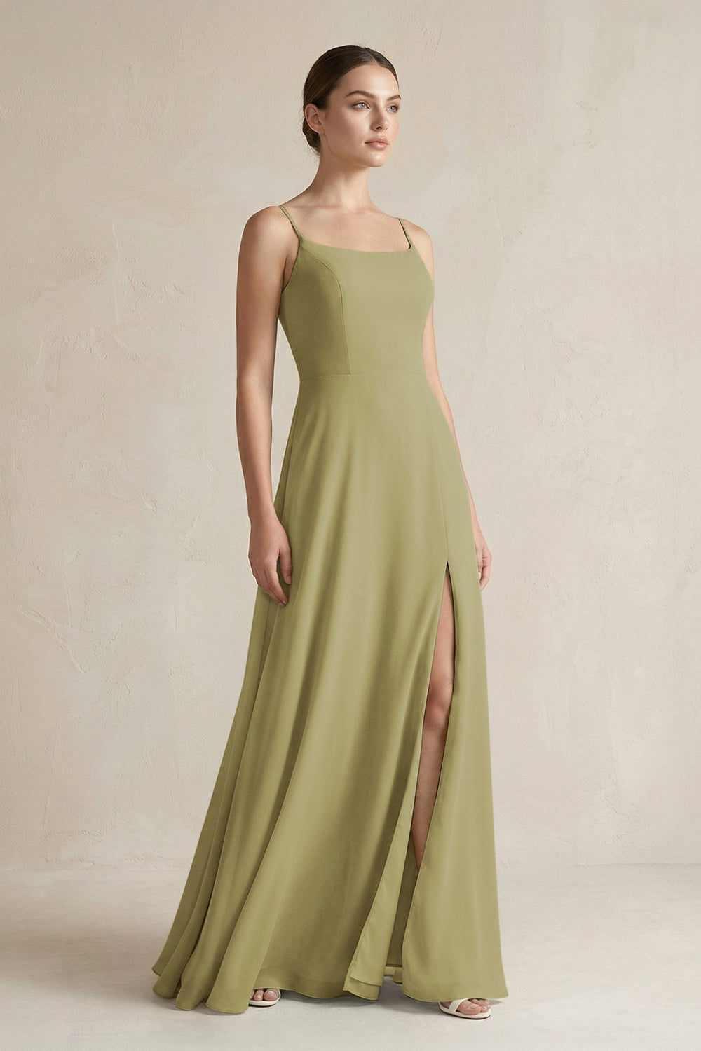 A-Line Chiffon Spaghetti Strap Bridesmaid Dress in Moss Green