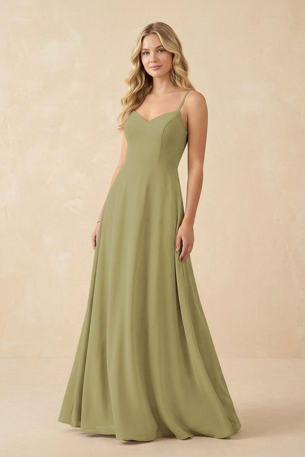 A-Line Chiffon Spaghetti Strap Bridesmaid Dress in Moss Green