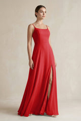A - Line Chiffon Spaghetti Strap Bridesmaid Dress in Ruby Red - KISS BRIDAL Bridesmaid Dresses
