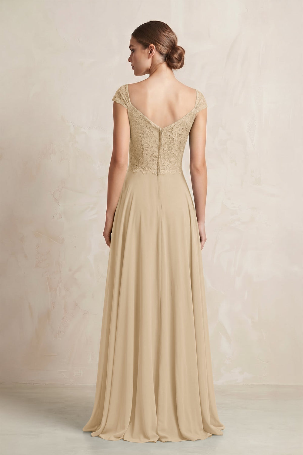 A-Line Chiffon V-Neck Pleated Bridesmaid Dress with Cap Sleeves in Champagne