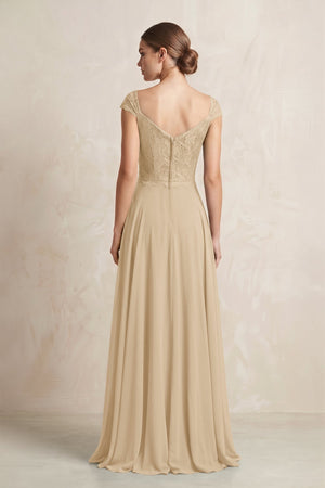 A-Line Chiffon V-Neck Pleated Bridesmaid Dress with Cap Sleeves in Champagne (2) | KISSBRIDAL