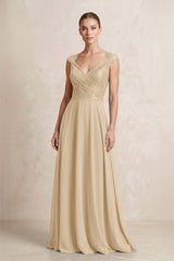 A-Line Chiffon V-Neck Pleated Bridesmaid Dress with Cap Sleeves in Champagne | KISSBRIDAL