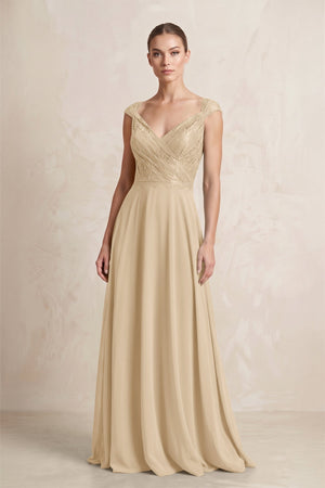 A-Line Chiffon V-Neck Pleated Bridesmaid Dress with Cap Sleeves in Champagne | KISSBRIDAL