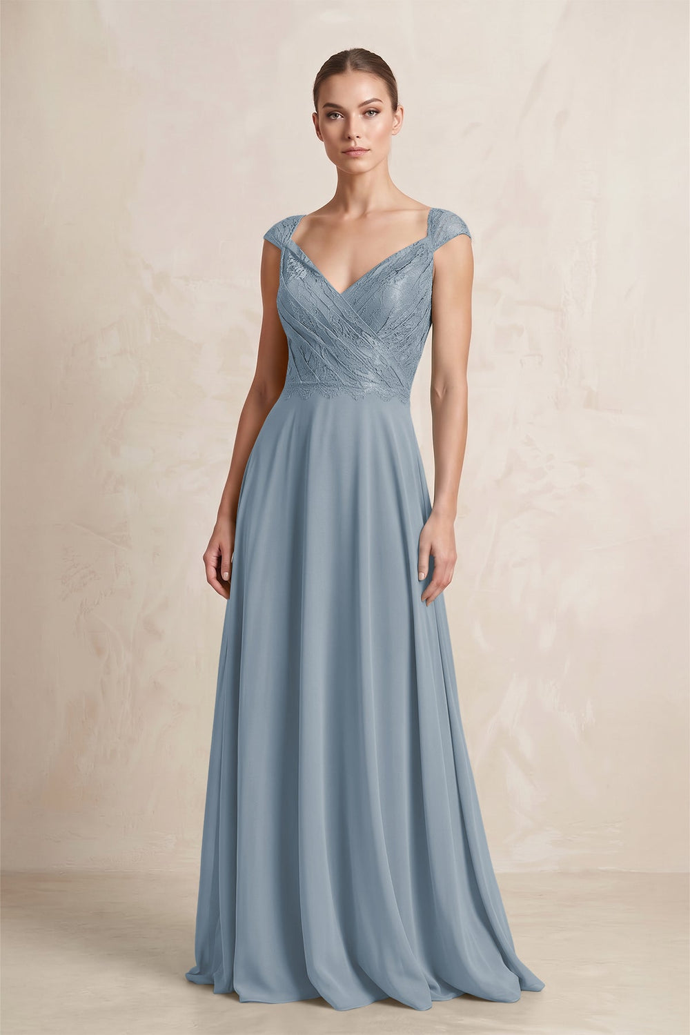 A-Line Chiffon V-Neck Pleated Bridesmaid Dress with Cap Sleeves in Dusty Blue