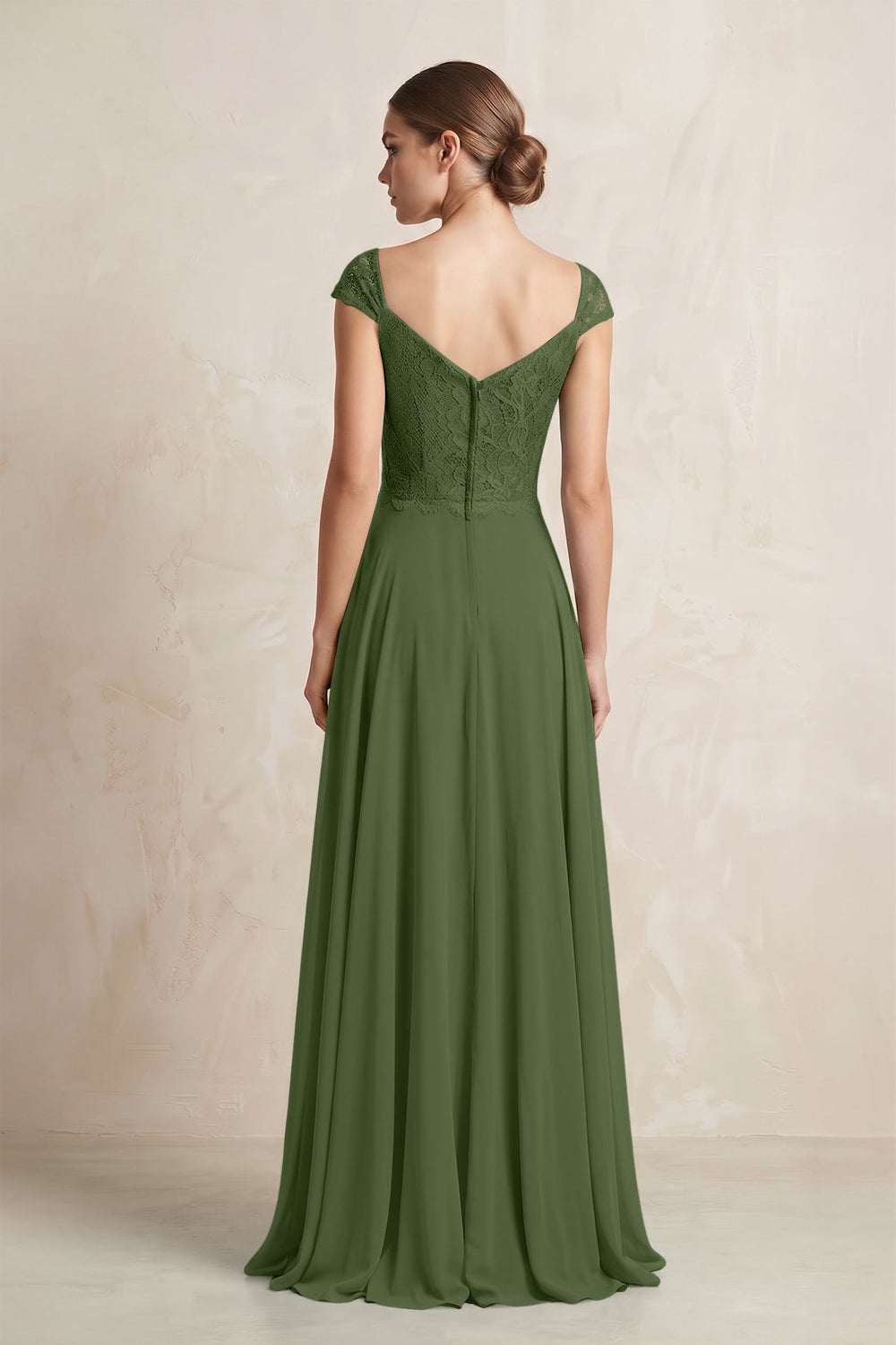 A-Line Chiffon V-Neck Pleated Bridesmaid Dress with Cap Sleeves in Moss