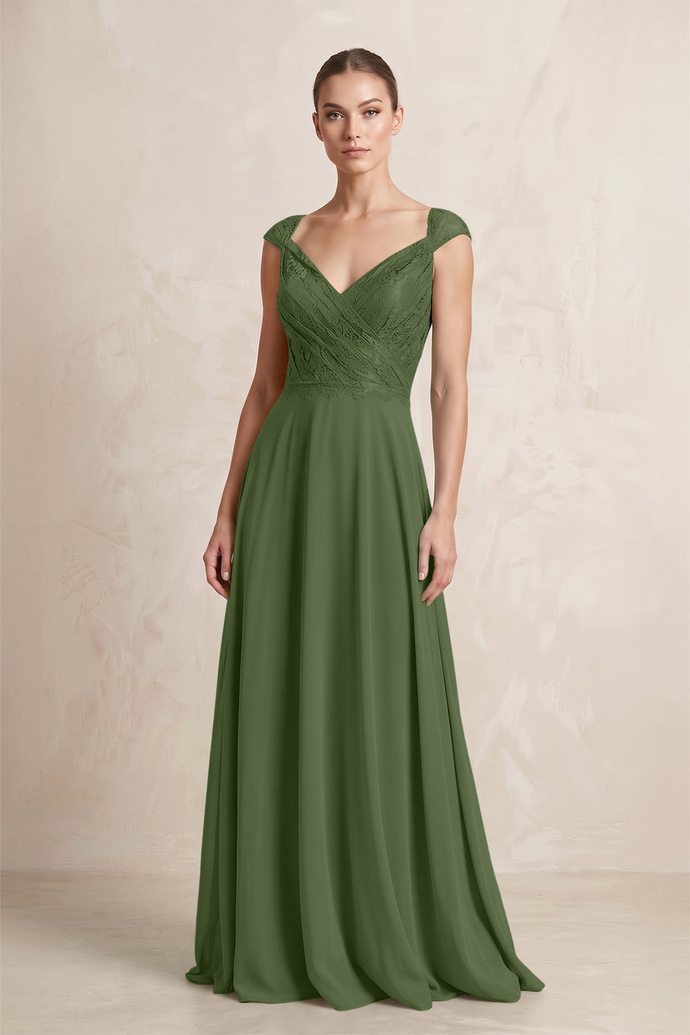 A-Line Chiffon V-Neck Pleated Bridesmaid Dress with Cap Sleeves in Moss