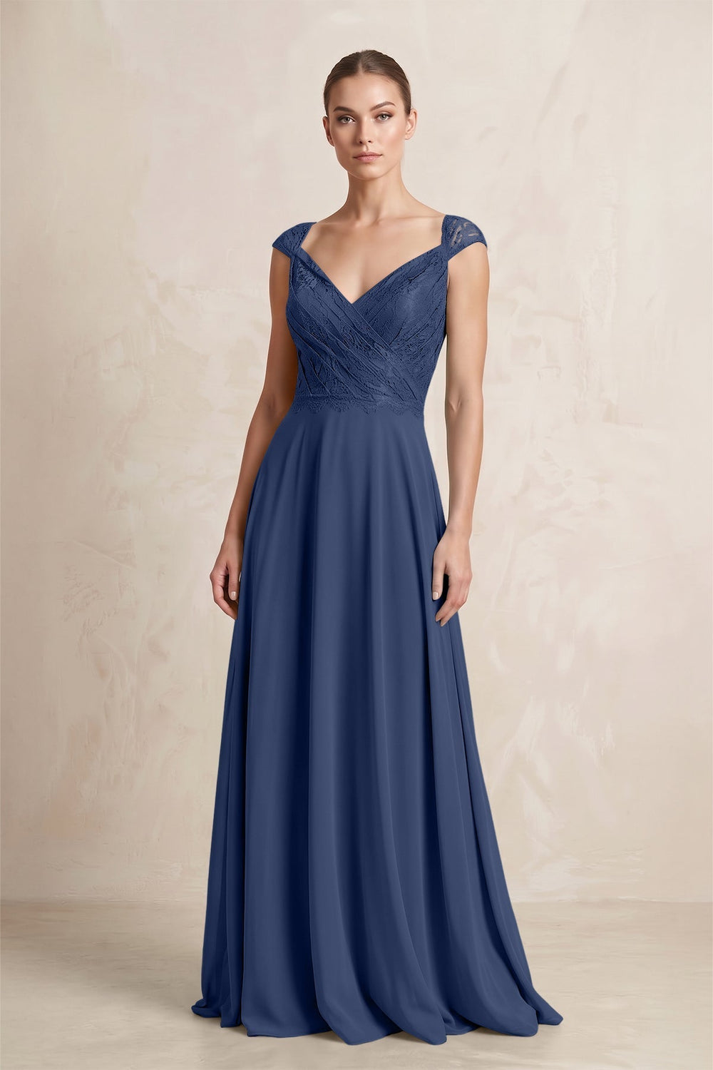 A-Line Chiffon V-Neck Pleated Bridesmaid Dress with Cap Sleeves in Navy