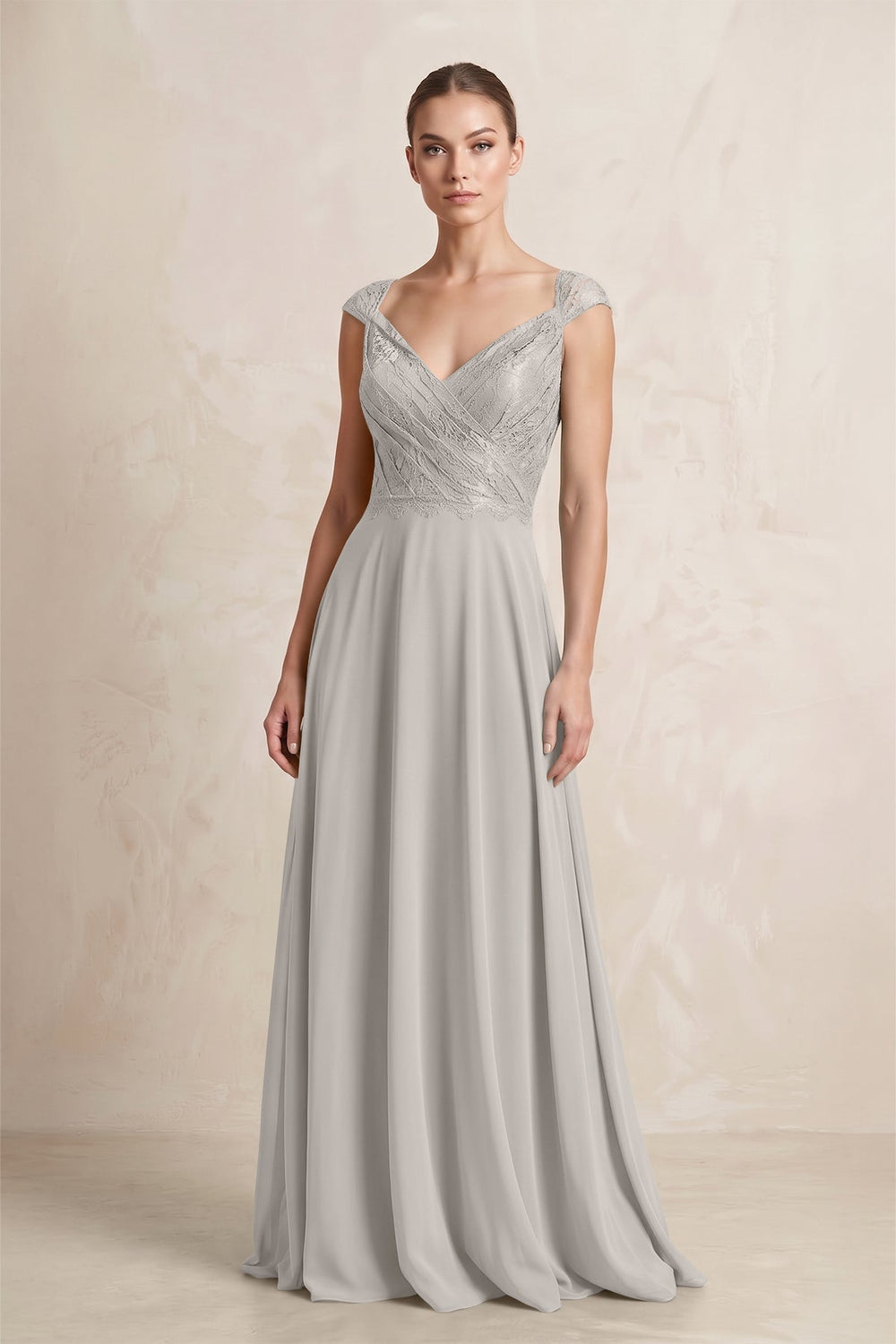 A-Line Chiffon V-Neck Pleated Bridesmaid Dress with Cap Sleeves in Silver