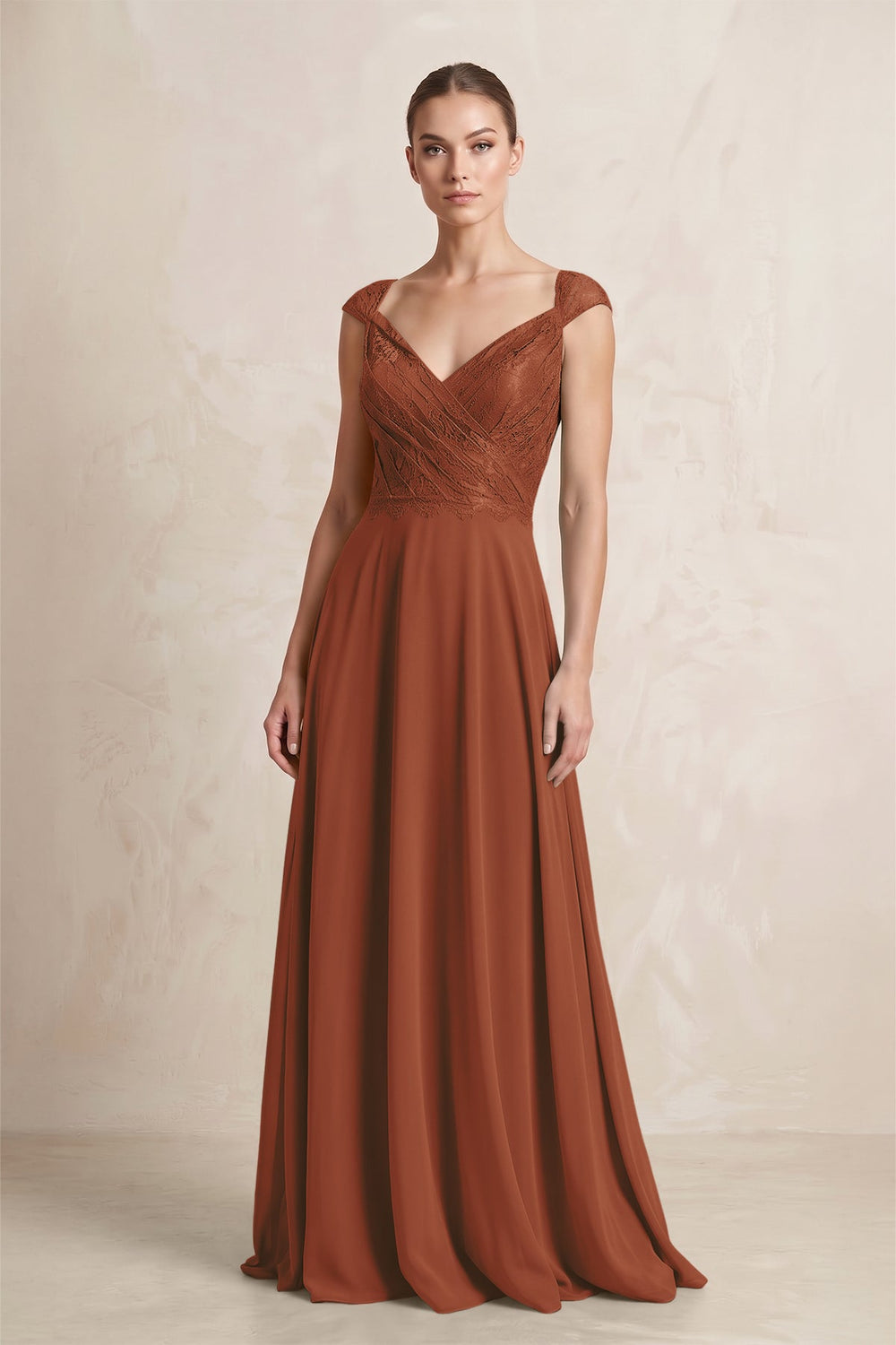 A-Line Chiffon V-Neck Pleated Bridesmaid Dress with Cap Sleeves in Terracotta