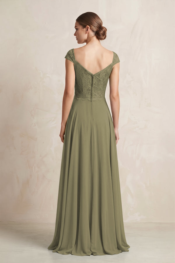 A-Line Chiffon V-Neck Pleated Bridesmaid Dress with Cap Sleeves in Thyme (2) | KISSBRIDAL