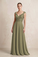 A-Line Chiffon V-Neck Pleated Bridesmaid Dress with Cap Sleeves in Thyme | KISSBRIDAL