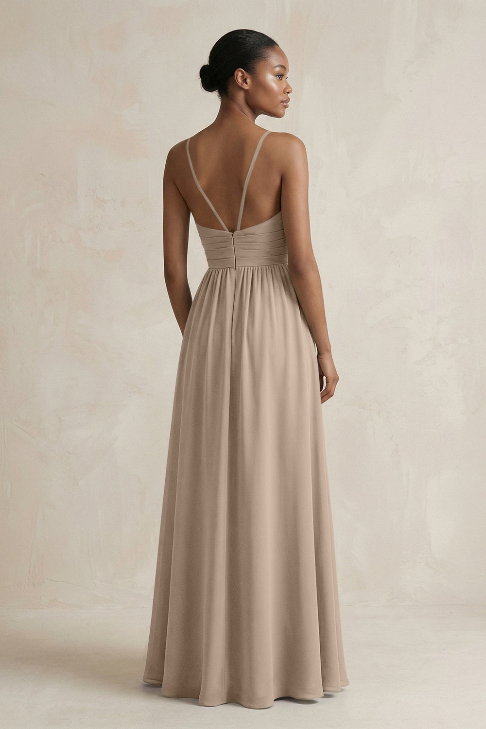 A-Line Halter Chiffon Ruched Bridesmaid Dress in Almond