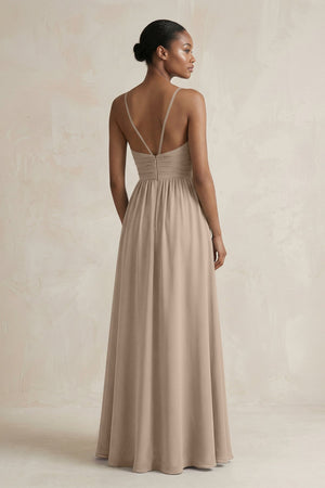 A-Line Halter Chiffon Ruched Bridesmaid Dress in Almond (2) | KISSBRIDAL
