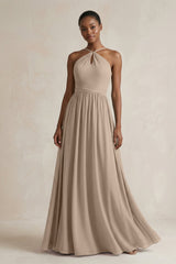 A-Line Halter Chiffon Ruched Bridesmaid Dress in Almond | KISSBRIDAL