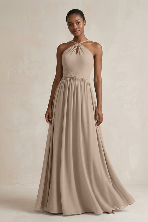 A-Line Halter Chiffon Ruched Bridesmaid Dress in Almond | KISSBRIDAL