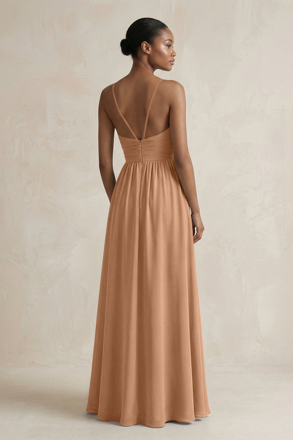 A - Line Halter Chiffon Ruched Bridesmaid Dress in Bronzer - KISS BRIDAL Bridesmaid Dresses