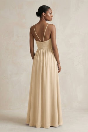 A-Line Halter Chiffon Ruched Bridesmaid Dress in Champagne (2) | KISSBRIDAL