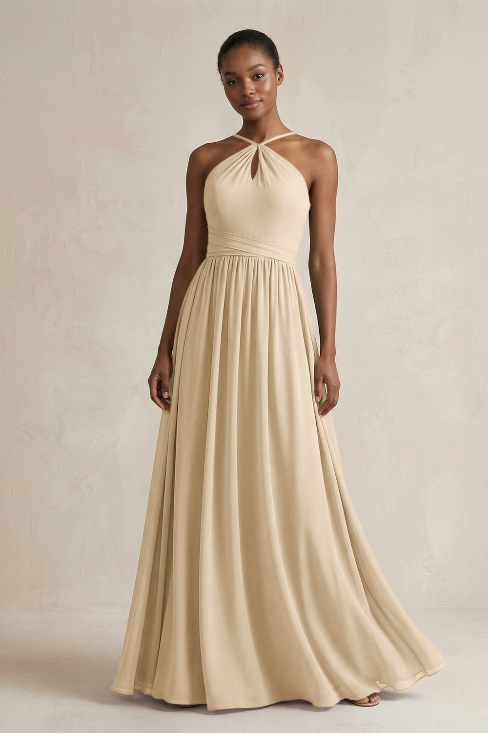 A-Line Halter Chiffon Ruched Bridesmaid Dress in Champagne