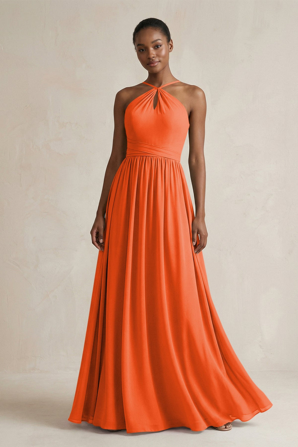 A-Line Halter Chiffon Ruched Bridesmaid Dress in Cinnamon