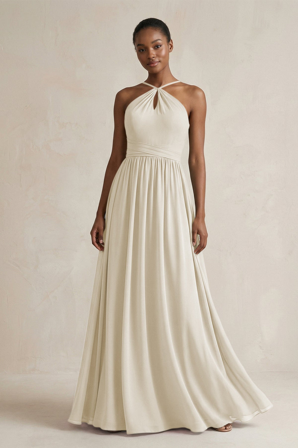 A-Line Halter Chiffon Ruched Bridesmaid Dress in Dove Gray