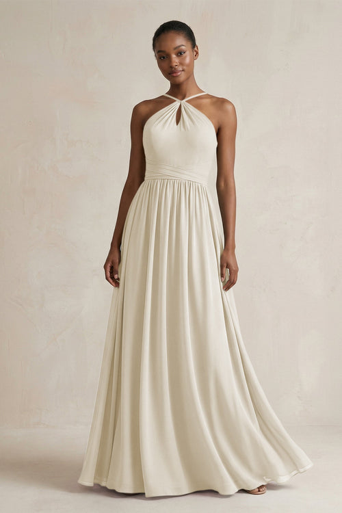 A - Line Halter Chiffon Ruched Bridesmaid Dress in Dove Gray - KISS BRIDAL Bridesmaid Dresses