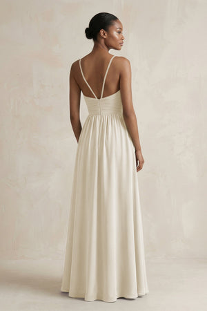 A - Line Halter Chiffon Ruched Bridesmaid Dress in Dove Gray - KISS BRIDAL Bridesmaid Dresses