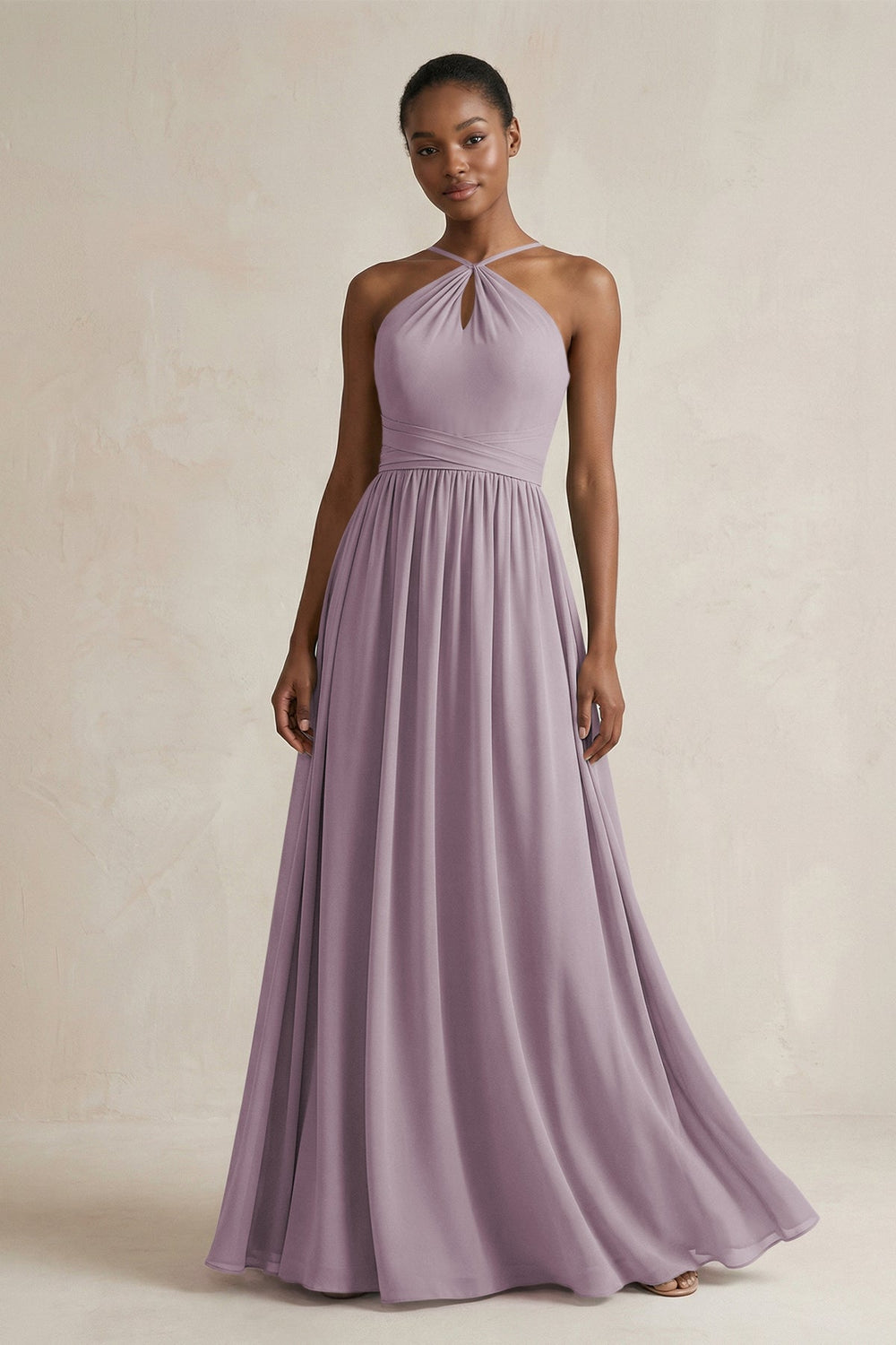 A-Line Halter Chiffon Ruched Bridesmaid Dress in Dusk