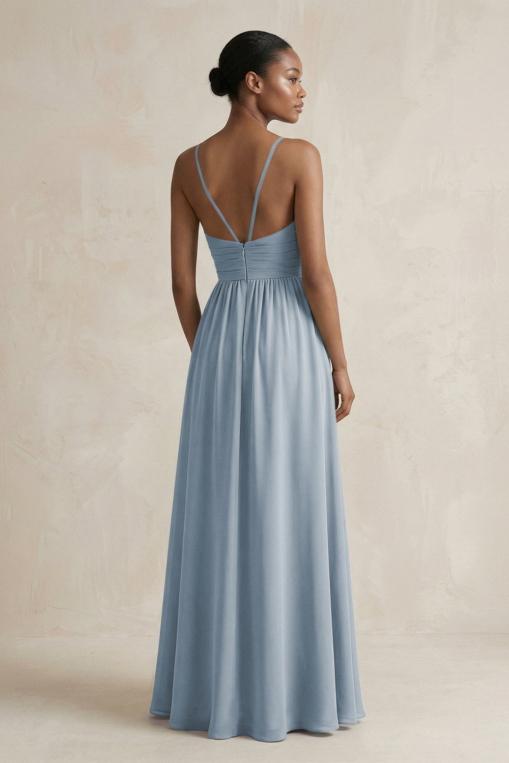 A-Line Halter Chiffon Ruched Bridesmaid Dress in Dusty Blue