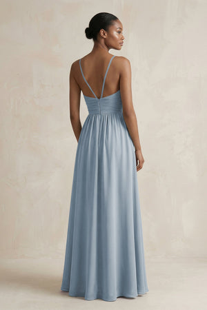 A-Line Halter Chiffon Ruched Bridesmaid Dress in Dusty Blue (2) | KISSBRIDAL
