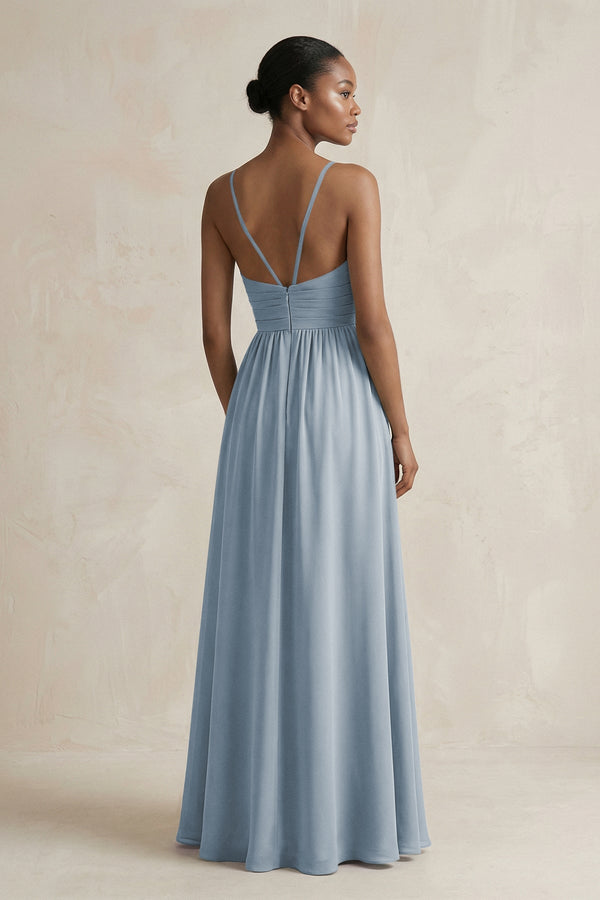 A-Line Halter Chiffon Ruched Bridesmaid Dress in Dusty Blue (2) | KISSBRIDAL