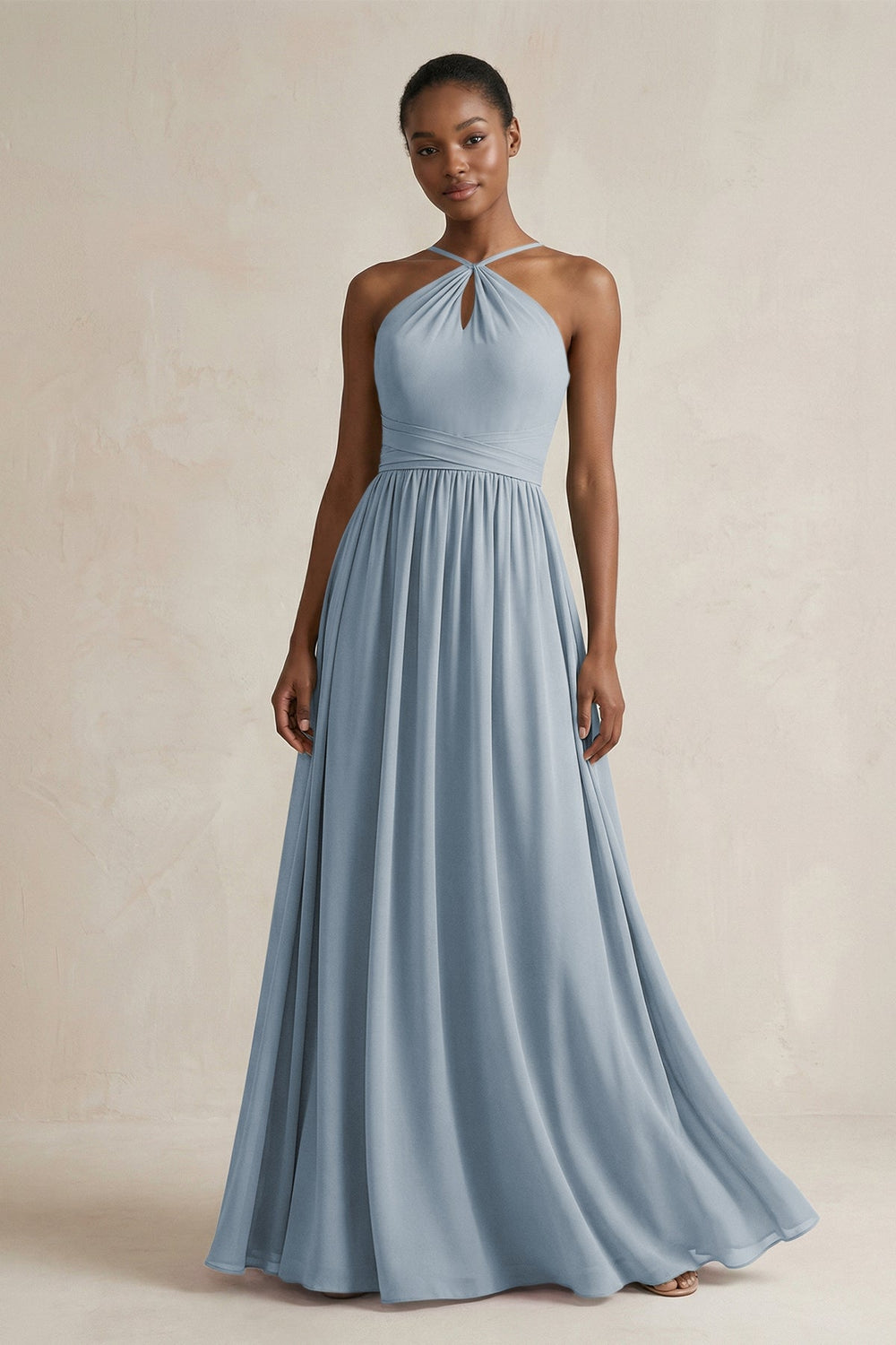 A-Line Halter Chiffon Ruched Bridesmaid Dress in Dusty Blue