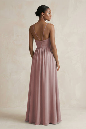 A-Line Halter Chiffon Ruched Bridesmaid Dress in Dusty Rose (2) | KISSBRIDAL