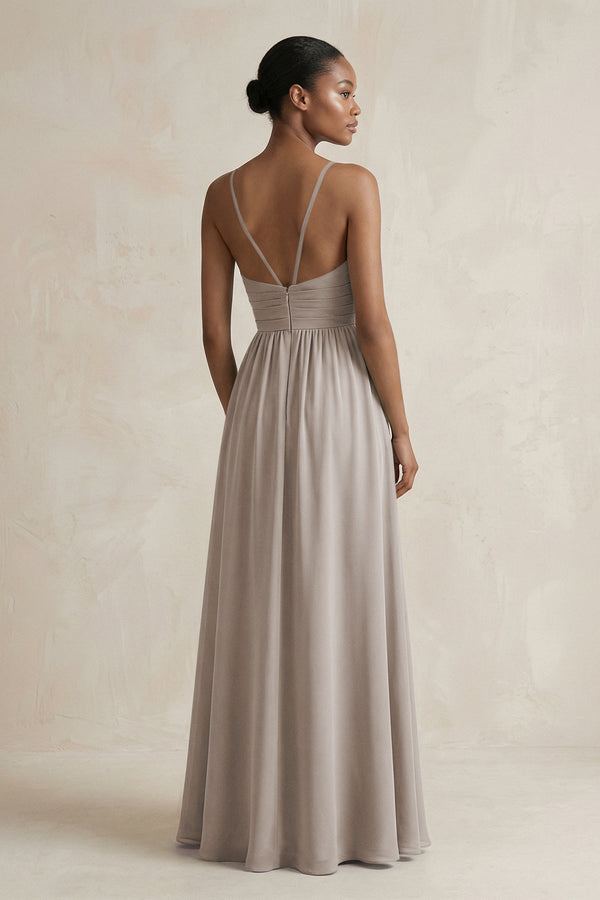 A-Line Halter Chiffon Ruched Bridesmaid Dress in Frost (2) | KISSBRIDAL