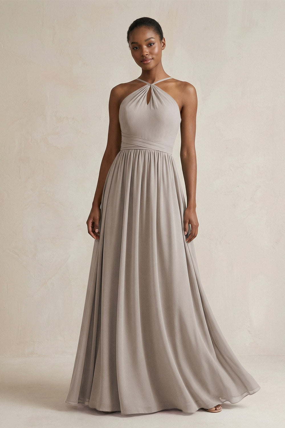 A-Line Halter Chiffon Ruched Bridesmaid Dress in Frost