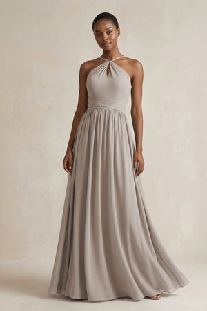 A-Line Halter Chiffon Ruched Bridesmaid Dress in Frost | KISSBRIDAL