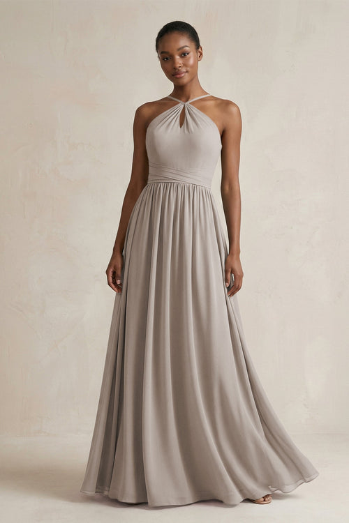 A-Line Halter Chiffon Ruched Bridesmaid Dress in Frost | KISSBRIDAL