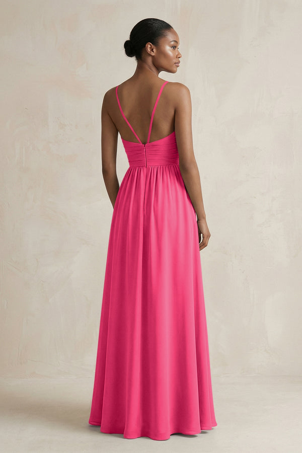 A-Line Halter Chiffon Ruched Bridesmaid Dress in Fuchsia (2) | KISSBRIDAL