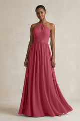 A-Line Halter Chiffon Ruched Bridesmaid Dress in Merlot | KISSBRIDAL