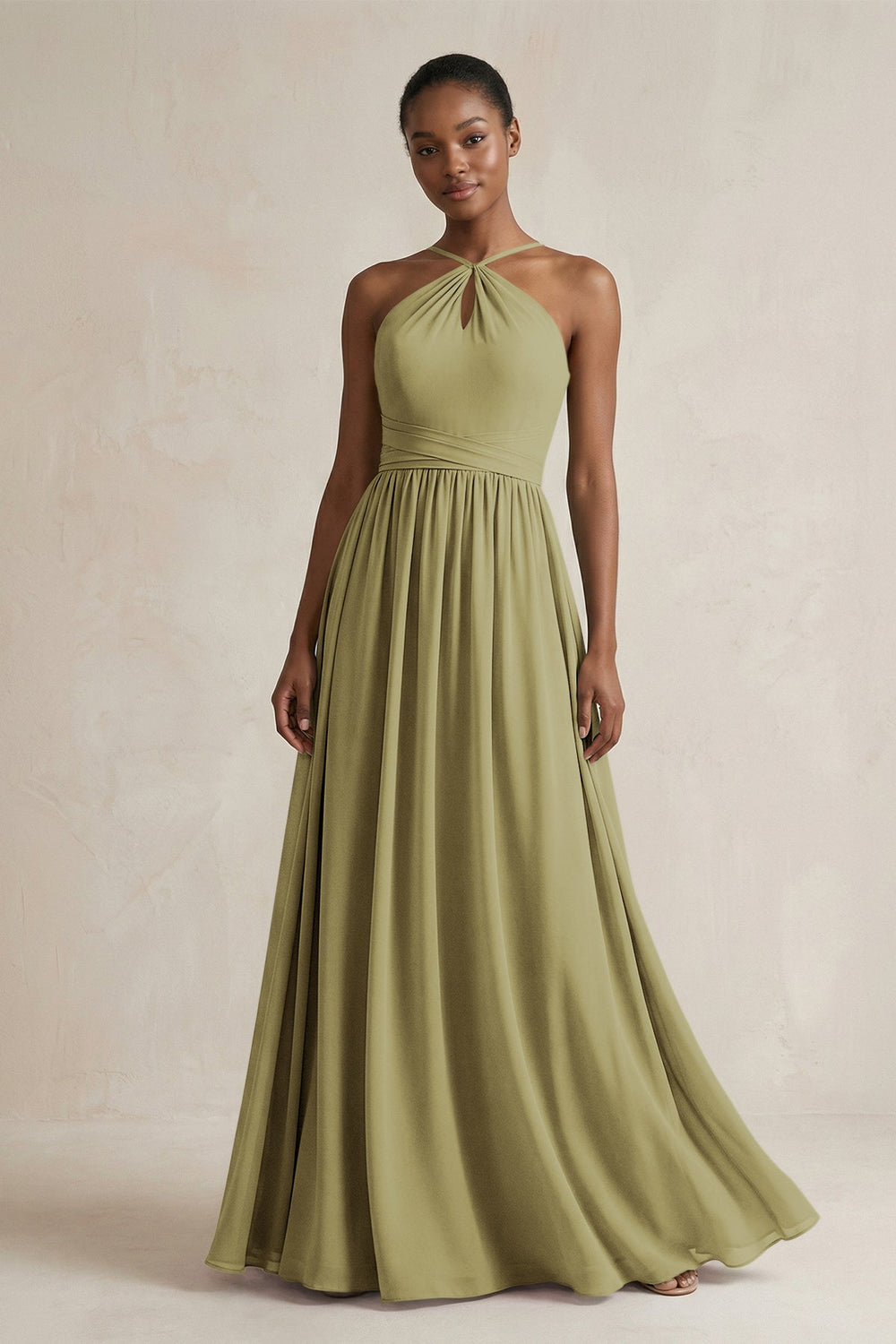 A-Line Halter Chiffon Ruched Bridesmaid Dress in Moss Green