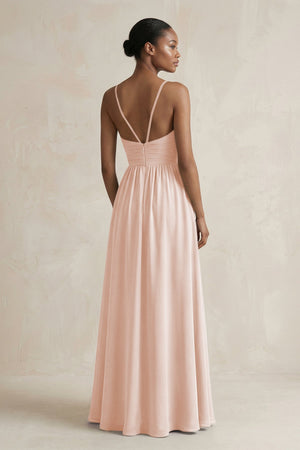 A - Line Halter Chiffon Ruched Bridesmaid Dress in Pale Blush - KISS BRIDAL Bridesmaid Dresses