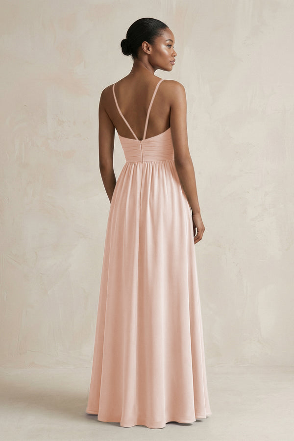 A - Line Halter Chiffon Ruched Bridesmaid Dress in Pale Blush - KISS BRIDAL Bridesmaid Dresses